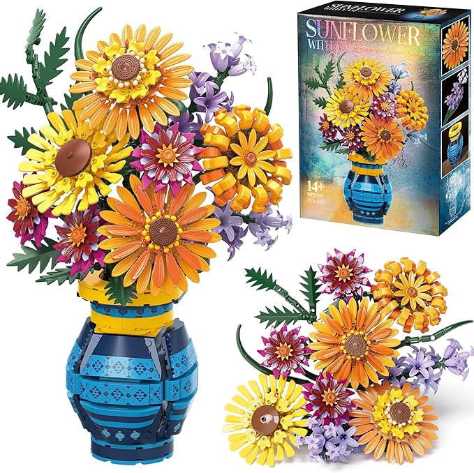Flower Bouquet Building Blocks Set with Vase Mothers Day Mom Grandma Gifts 1065PCS Artificial Sunflower Botanical Nurse Teacher Appreciation Birthday Gifts for Wife Women Her Him Teen Girls Adults