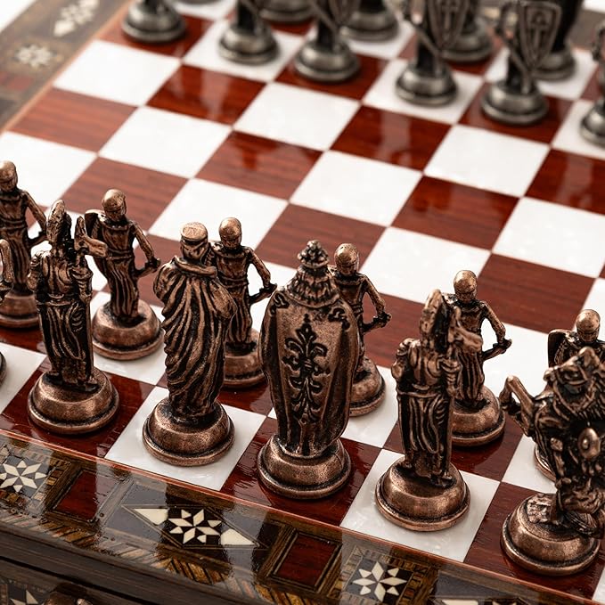 Luxury Wooden Chess Set with Metal British Army Pieces – Handmade Walnut Chess Board with Storage – Decorative Gift for Adults &amp Father Gift (Rose)