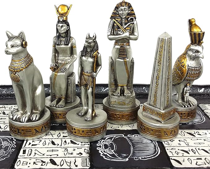 Egyptian Anubis Black and Silver Chess Men Set with Gold Accents - NO Board