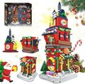 Christmas Countdown Tower House Building Toys - Lego-Compatible Christmas Village House Building Set with LED Light Countdown Clock Tower Christmas Festival Holiday Model Gift Idea for Adult Kids 6+