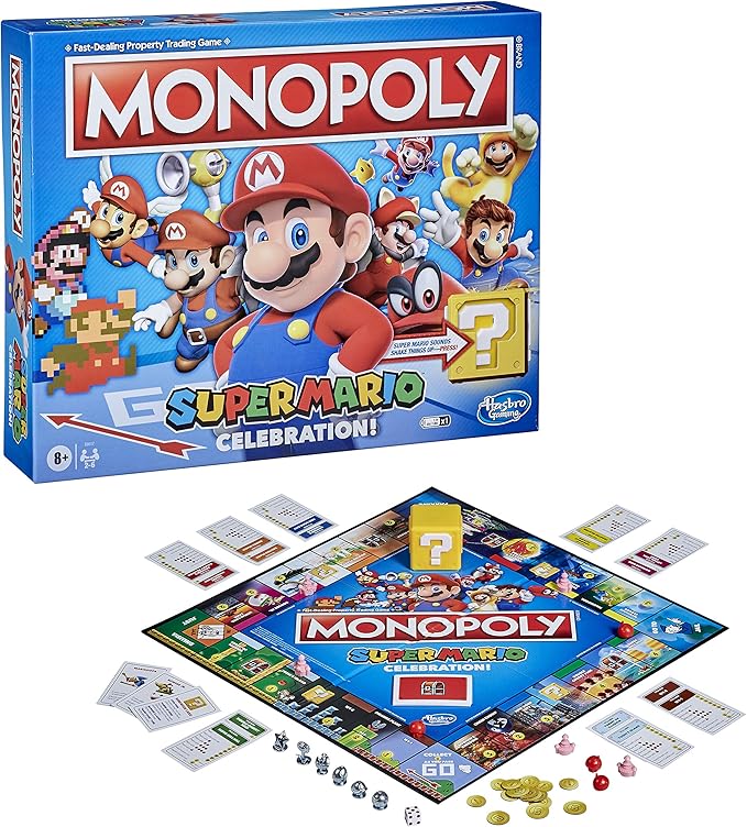 Monopoly Super Mario Celebration Edition Board Game for Super Mario Fans for 4 Players Ages 8 and Up with Video Game Sound Effects