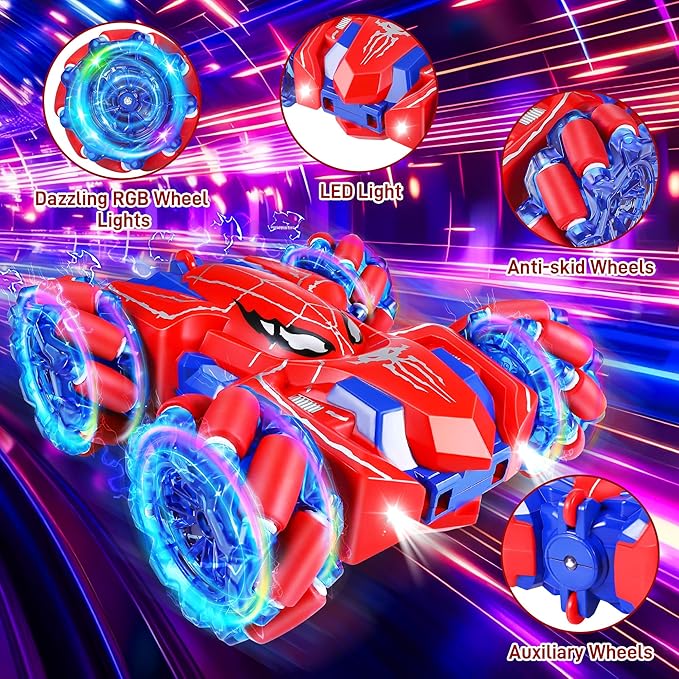 Spider RC Cars for 4 5 6 7 8 Year Old Boys - 2.4Ghz Rechargeable Double Sided Remote Control Stunt Car 360°Rotating 4WD Off-Road RC Drift Car with Light Birthday Xmas Gifts for Kids Age 4-6 5-7 8-12