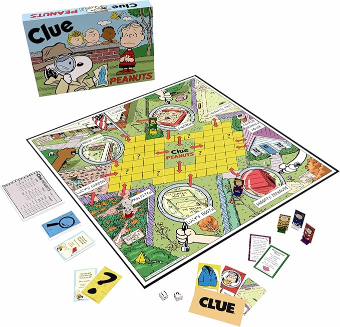 CLUE: Peanuts Board Game Solve The Mystery of Linus's Missing Blanket with Charlie Brown Snoopy &amp Friends Explore Iconic Locations Like Lucy’s Booth &amp Charlie’s House Officially Licensed