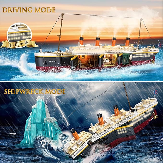Titanic Building Blocks Set 2288 Pieces Big Ship Block Model Set with Light Strip Glacier Ideal Gift for Adults