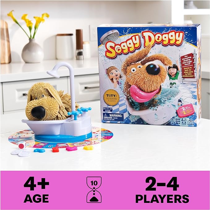 Spin Master Games Soggy Doggy The Award-Winning Wet &amp Silly Kids Board Game for Family Game Night Interactive Dog Toy Screenless Activity for Kids &amp Family 2-4 Players for Ages 4 &amp U