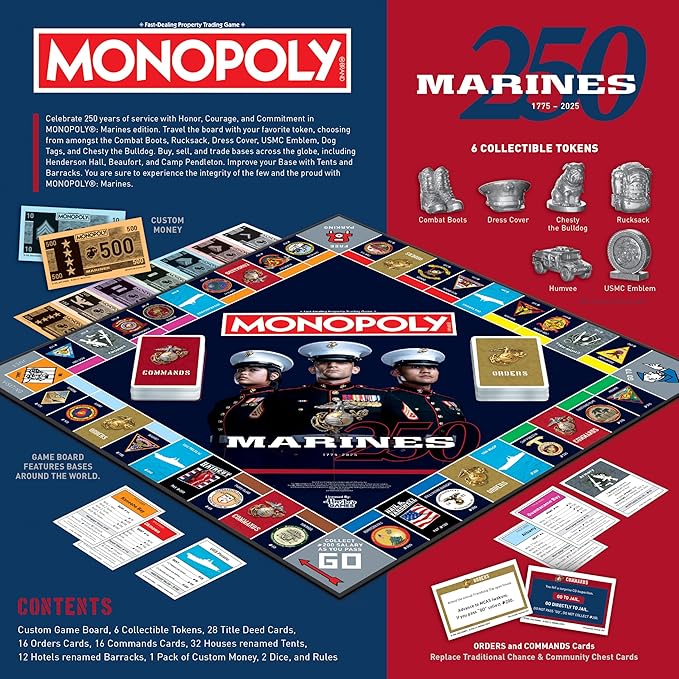 Monopoly: Marines 250th Anniversary Edition Celebrate 250 Years Buy Bases Worldwide and Upgrade with Tents &amp Barracks Play as Tokens: Combat Boots Bulldog &amp More Officially Licensed Merc