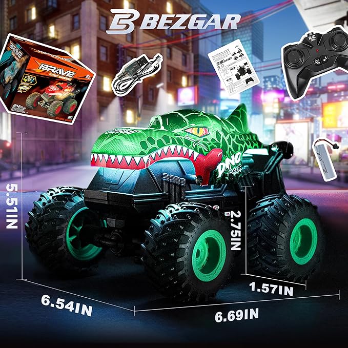BEZGAR Monster Truck Toys - Remote Control Monster Truck with Light &amp Music Dinosaur Toys for Kids 1:20 Scale RC Truck with 360° Spins and Drifting Remote Control Car for Boys 4-7