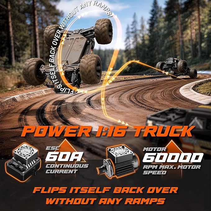 UDIRC 1610S Brushless Fast RC Car 56+ MPH and Standing Backflip in Stock Setup 1:16 High Speed RC Truck 4WD RTR Off-Road Monster RC Truck for Adults