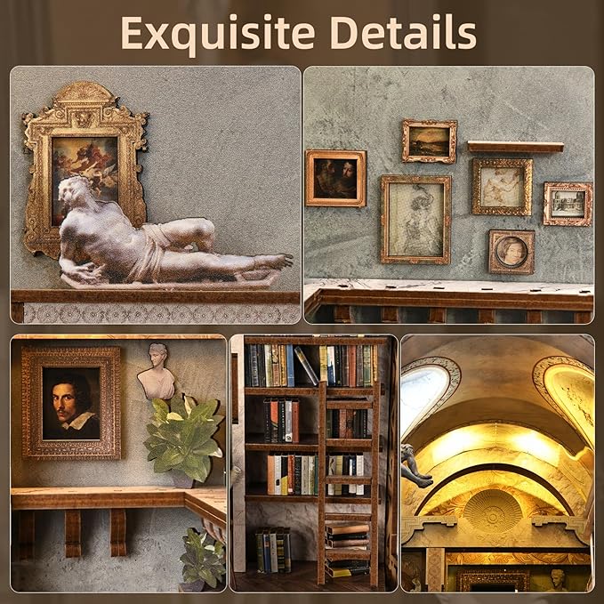 Book Nook Kit DIY Doll House Booknook Miniature Kit for Bookshelf Doll Houses for Adults Teen Halloween 3D Wooden Puzzle Bookends with Led Light and Dust Cover (Bernini's Workshop)