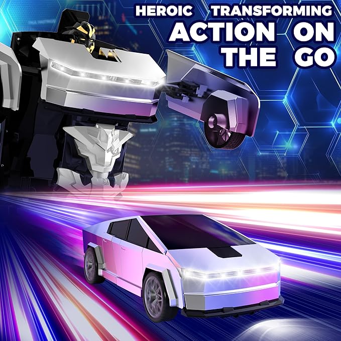Transform RC Cyber Pickup Truck Cars Robot Toy for Kids 2.4GHz Remote Control Car with One-Button Deformation 360° Rotation LED Lights Valentine's Day Birthday Gifts for Boys Age 4-7-8-12（1:18 Scale）