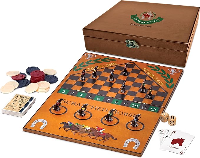 WE Games Derby Horse Race Board Game Set with Metal Game Pieces and Wooden Keepsake Storage Box Family Game Night Board Games for Adults and Family Birthday Gifts Home Decor Living Room Decor