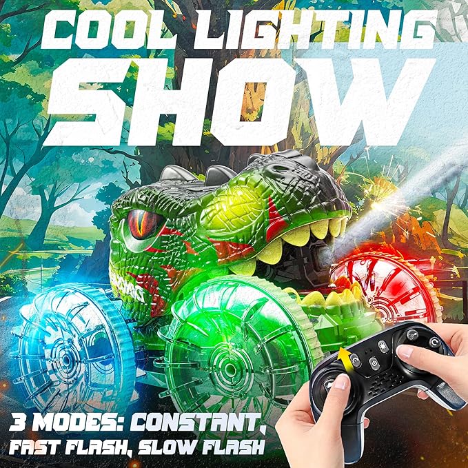 BEZGAR Monster Truck Toys - Dinosaur Toys with Light Remote Control Car for Water &amp Land with Water Gun Pool Toys for Kids with 360° Spins and Drifting Remote Control Car for Boys 4-7
