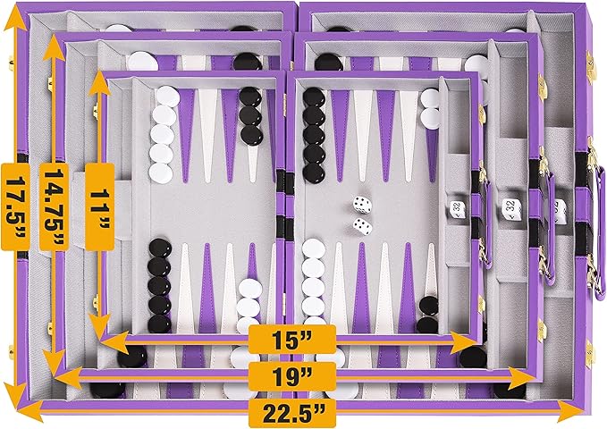 Premium Backgammon 15 Inches Medium Purple - Backgammon Sets for Adults and Kids - Leatherette Back Gammon Board Game Set - Travel Backgammon Set Board Encased with Accessories