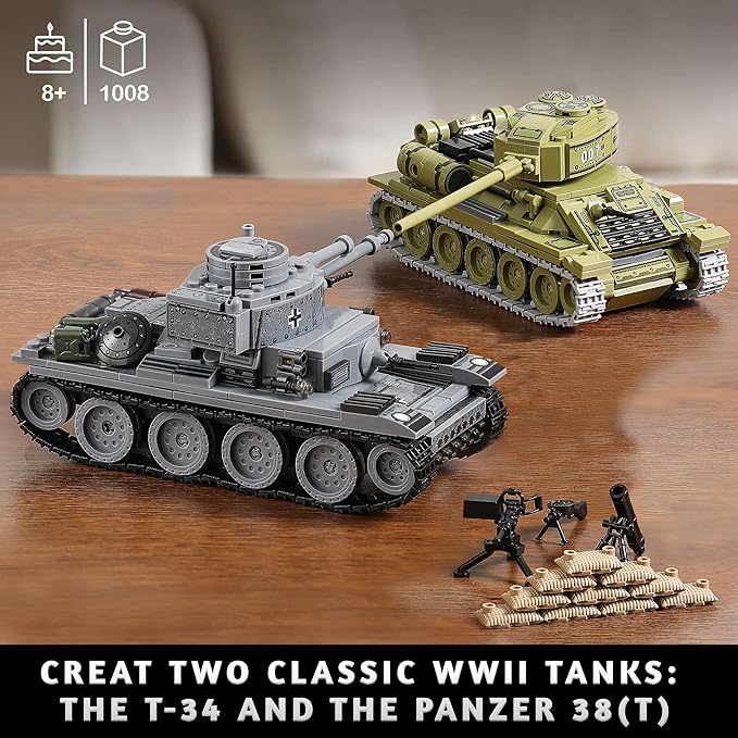 WW2 Army Tanks Toy Building Sets (1008 Pieces) Compatible with Lego Create a Soviet T-34 &amp German Panzer 38(t) Tank Great Military Model Toys Gift for Boys Kids and Teens Age 8+