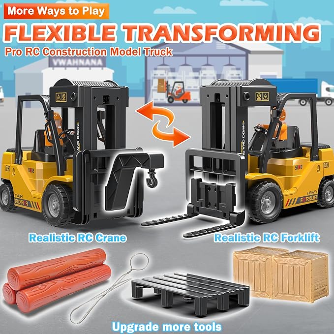 RC Forklift Truck 2 in 1 Transform Lift Fork &amp Hook Kids Forklift Toy 11 Channel Remote Control Forklift for Adults 2 Battery Spray Light RC Construction Vehicles Toy for Kids 6+ Gift