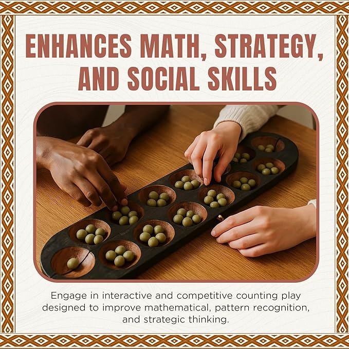 Africa Heartwood Project African Oware Mancala Board - Extended Size Hand-Carved Solid Wood with Elephant Design Wooden Folding Mancala 21 Board 48 Grey Green Tear Seeds and Playing Instructions