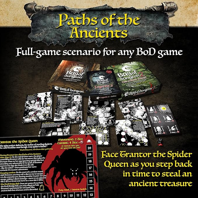Bag of Dungeon Legends 2: Relics - Paths of the Ancients | 4-in-1 Adventure Pack Expansion for Any Game | Includes Solo Game | RPG Fans | 1–4 Players Ages 7+ | Classic Dungeon Crawler