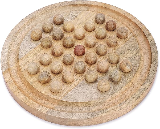 Ajuny Wooden Solitaire Board Game 10.8 Inch – Handmade Peg Solitaire Strategy Puzzle Classic Single Player Marble Chess Brain Teaser Mind Game for Kids &amp Adults Decorative Tabletop Games