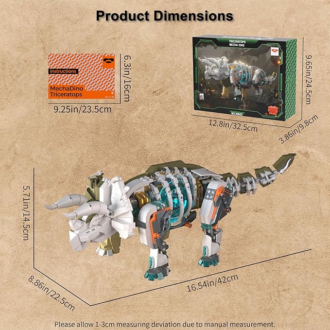 Dinosaur Toy Building Sets Mechanical Dino Buildings Blocks Set for Boys Girls 12+Teens Adults Creative Model Kits Home Room Office Decor Birthday Triceratops 1180PCS