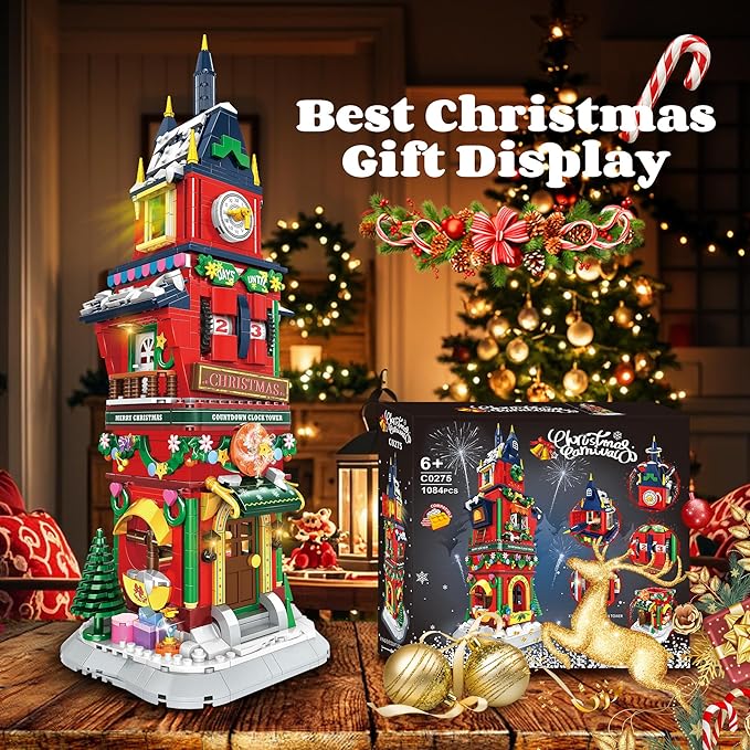 Christmas Countdown Tower House Building Toys - Lego-Compatible Christmas Village House Building Set with LED Light Countdown Clock Tower Christmas Festival Holiday Model Gift Idea for Adult Kids 6+