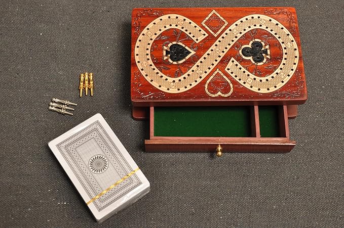 PALM ROYAL HANDICRAFTS 2 Track Cribbage Board Game Set with Magnetic Pull Drawer Playing Cards - Metal Pegs - Storage Available Travel Portable Cribbage Game Sets for Family. (Size - 6.5 x 4).