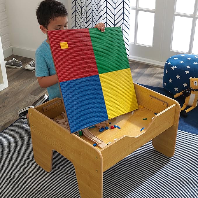 KidKraft 2-in-1 Reversible Top Activity Table with 200 Building Bricks and 30-Piece Wooden Train Set Natural Gift for Ages 3+