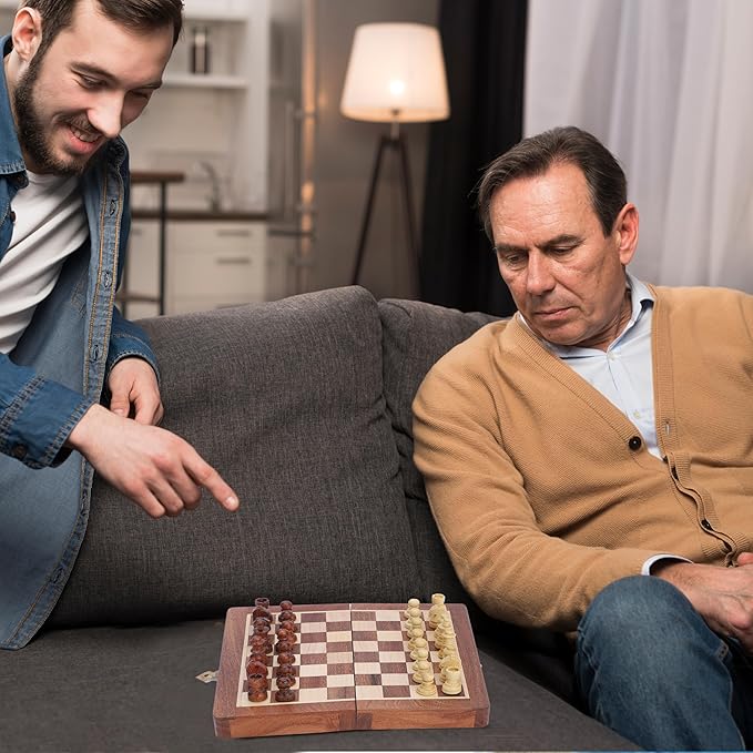 Ajuny Magnetic Travel Chess Set - Handcrafted Acacia Wood Foldable Board with Elegant Storage for All Ages