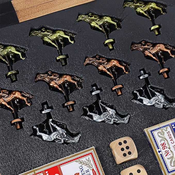 Glintoper Large 21 Horse Racing Game Horse Race Board Games with 11 Luxury Metal Horses Foldable Wood Board with 2 Dices 2 Boxes of Cards 40 Poker Chips Finish Line for Parties