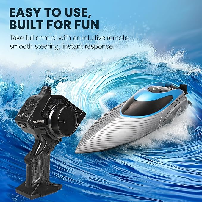RC Boat for Adults &amp Kids Metallic Blue 2.4GHz Remote Control Racing Boat 25 MPH Self-Righting Waterproof Long Range Rechargeable LED Light High Speed Electric Toy Boat for Lake Pool &am