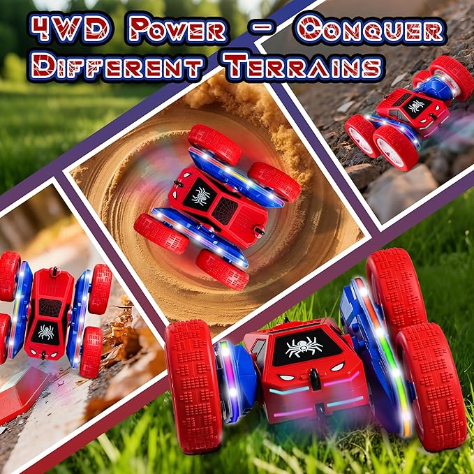Spider Remote Control Car 4WD 360° Flips RC Stunt Car Toys Cyber-Inspired Double-Sided Drift Rc Cars with LED Lights 2 Rechargeable Charge Battery Modules Toys and Gift for Boys Age 3-12