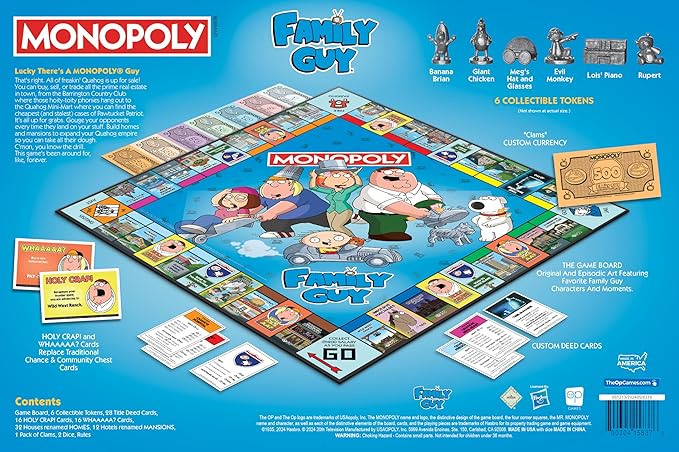 Monopoly: Family Guy Board Game Featuring Banana Brian Giant Chicken Rupert and More Buy Sell Trade Quahog’s Locations from McBurgertown to Wild West Ranch Officially Licensed Family Guy Game