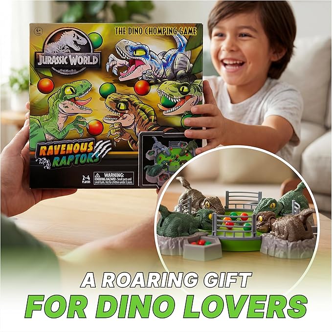 Jurassic World Ravenous Raptors Board Game– Dino Chomping Board Games for Kids Interactive Dinosaur Game w/Snack Balls Play Arena &amp Raptors Easy Play Durable Design for Kids Ages 4+