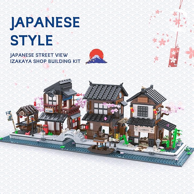 Traditional Japanese Cherry Blossom Village Building Set Sakura Street View Architecture Building Block - Izakaya &amp Tea House Collectible Construction Toy Gift for Adults &amp Anime Fans 2058P