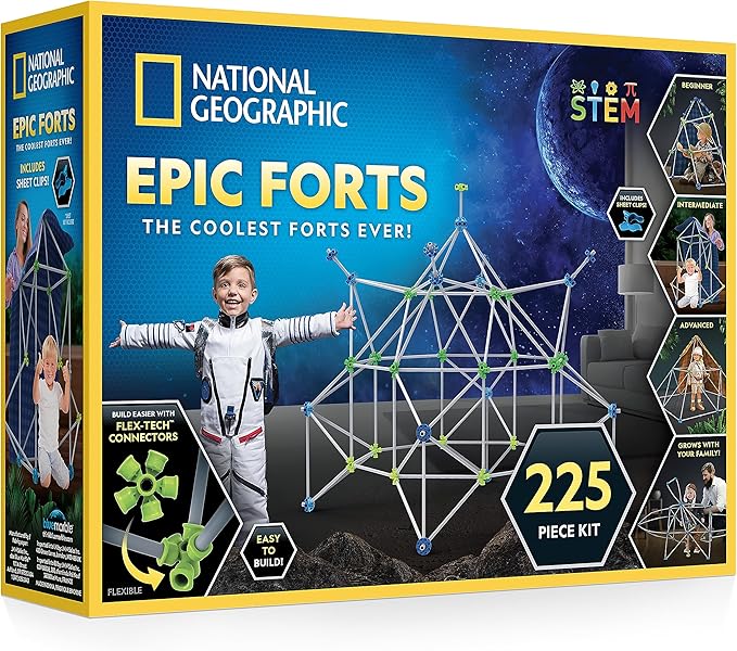 National Geographic Indoor Fort Building Kit - 225 Pieces for Creative Play STEM Building Toys for Kids Ages 6-12 Blanket Fort (Amazon Exclusive)