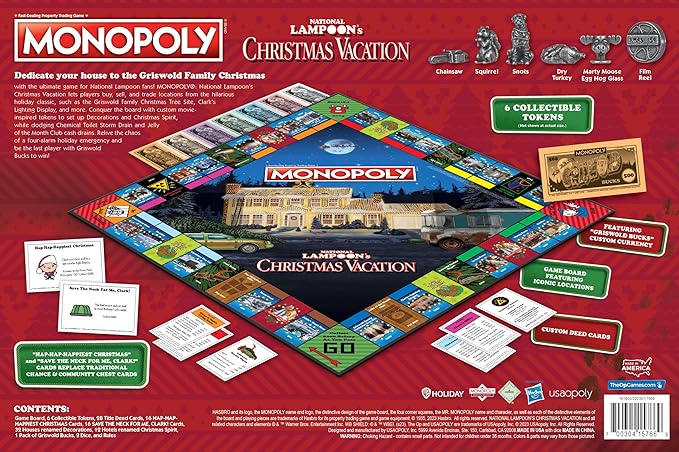 Monopoly National Lampoons Christmas Vacation Featuring Themed Tokens Squirrel Egg Nog Glass Chainsaw &amp More 2-6 Players Ages 15+ Play Time 60+ Officially Licensed National Lampoons Board G