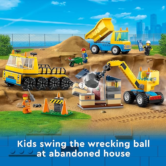 LEGO City Construction Trucks and Wrecking Ball Crane 60391 Building Toy Set for Toddler Kids Ages 4+ Includes 3 Construction Vehicles an Abandoned House and 3 Minifigures for Pretend Play