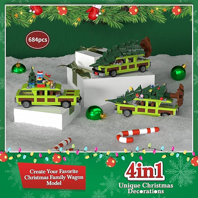 Christmas Village Movie Building Toy Set 4 in1 Station Wagon with Family Christmas Tree Building Kit Christmas Decorations Compatible with Lego Gifts for Movie Fans Adults Boys and Kids 2025