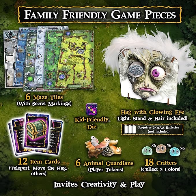 Enchanted Maze - A Light Up Board Game for Families | Ages 5+ 1-6 Players | Cooperative Competitive and Solo Play Options | with “Secret” LED Light up Tiles dice Animal Figurines and a Hag!