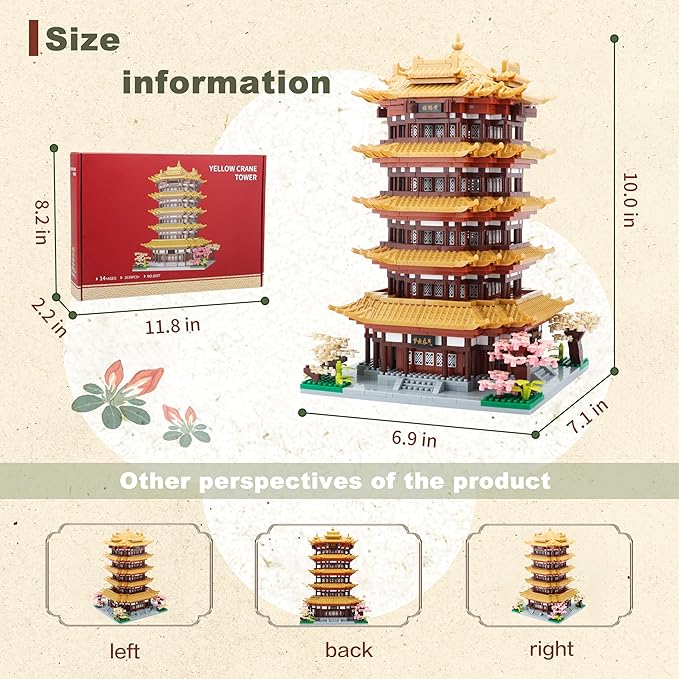 Chinese House Asian Architecture Micro Building Blocks Yellow Crane Tower for Adults - Decorative DIY Gift for Age of 14+