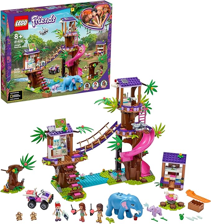 LEGO Friends Jungle Rescue Base 41424 Building Toy for Kids Animal Rescue Kit That Includes a Jungle Tree House and 2 Elephant Figures for Adventure Fun (648 Pieces)