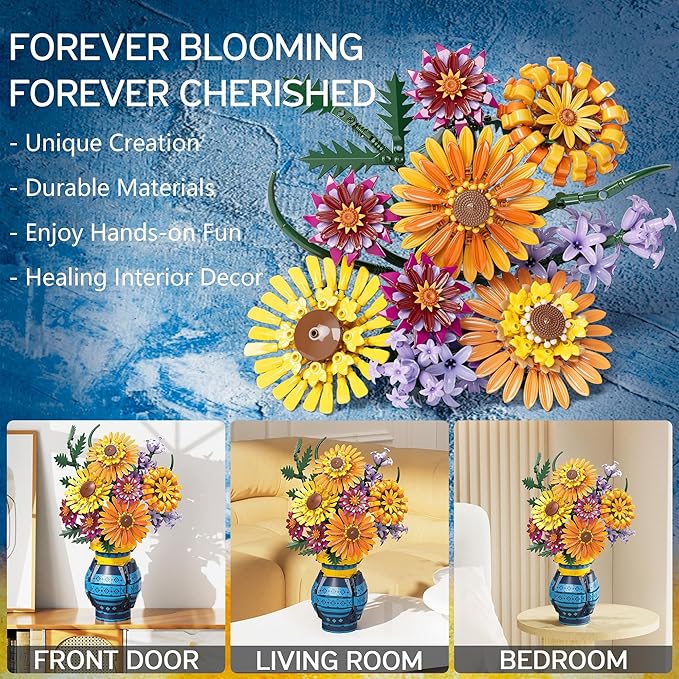 Flower Bouquet Building Blocks Set with Vase Mothers Day Mom Grandma Gifts 1065PCS Artificial Sunflower Botanical Nurse Teacher Appreciation Birthday Gifts for Wife Women Her Him Teen Girls Adults