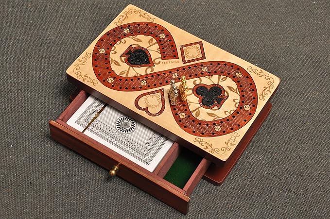 PALM ROYAL HANDICRAFTS 2 Track Cribbage Board Game Set with Magnetic Pull Drawer Playing Cards - Storage Available - Metal Pegs Travel Portable Cribbage Game Sets for Family. (Size - 6.5 x 4)