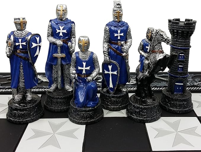 Medieval Times Crusades Red and Blue Armored Maltese Knights Chess Set with 17 Board