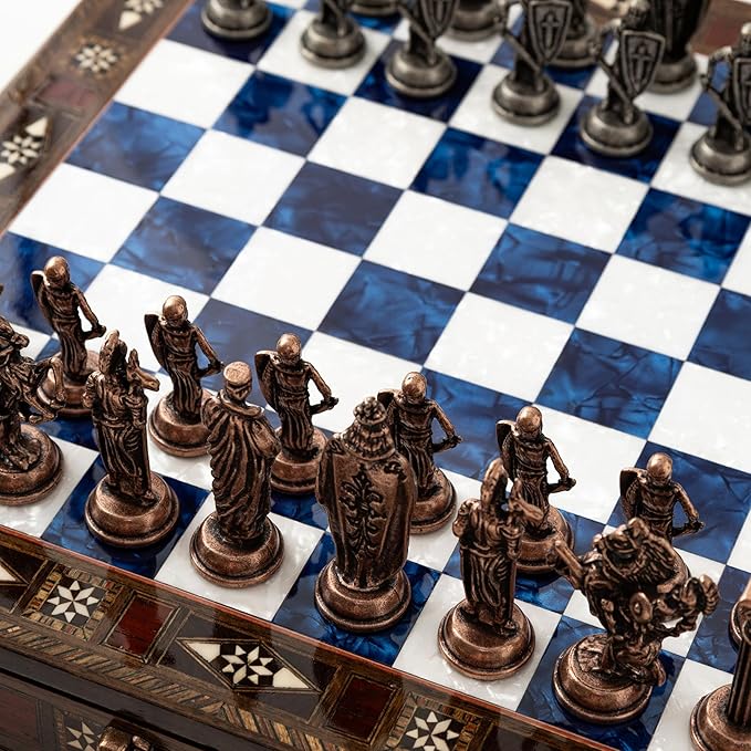 15” Handmade Wooden Storage Chess Set – Handmade Wooden Chess Board with Metal Pieces – Luxury Chess Gift for Adults Decorative &amp Collectible (Blue)
