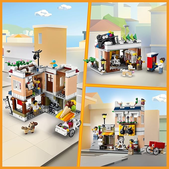 LEGO Creator 3 in 1 Downtown Noodle Shop House Transforms from Noodle Shop to Bike Shop to Arcade Modular Building Set Toy Gift for Kids 8 Years and Up 31131