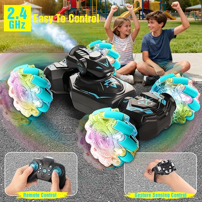 Gesture Sensing Remote Control Car RC Cars Toys for Boys Age 6-12 4WD Hand Controlled Twist &amp Transform 360° Spins Stunt Car with Mist Light &amp Music 8-10 Year Old Boys Birthday Gift Blue