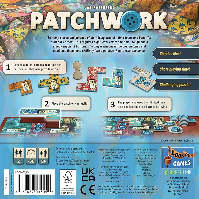 Lookout Games Patchwork Board Game (Revised Edition) - Interactive Quilting Puzzle Strategy Game Family Fun for Kids &amp Adults Ages 8+ 2 Players 30 Minute Playtime