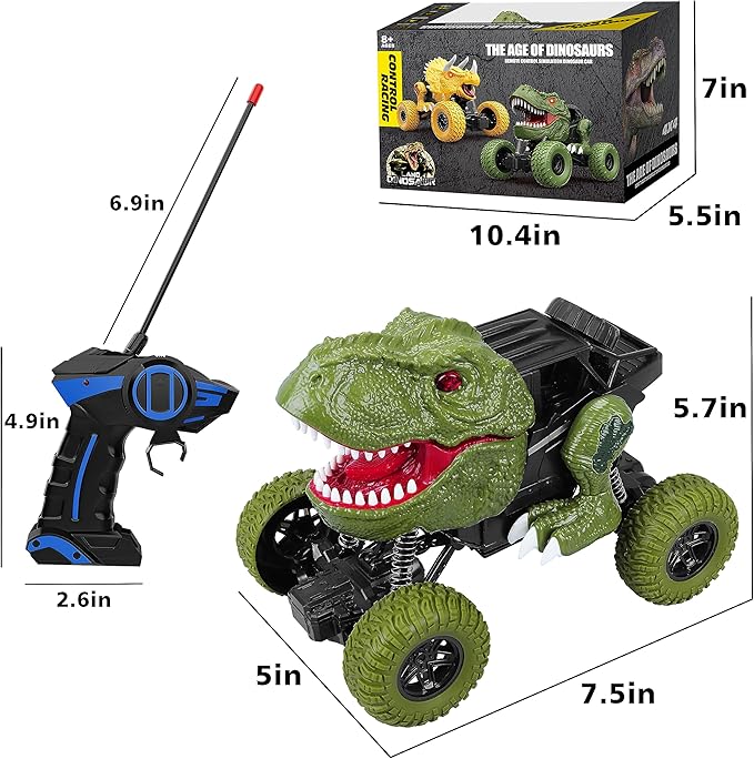 Remote Control Dinosaur Car for Kids Boys 2.4Ghz All Terrain Remote Control Dinosaur Truck with Light Rechargeable 4WD Off Road RC Car Toys for Kids 3 4 5 6 7 8-12 Year Old Boys Girls Birthday Gift