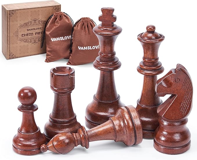 Vamslove Wooden Chess Pieces Large 4.5'' King Set of 32 Luxury Staunton Wood Chessmen for Chess Game Board (Chess Pieces Only) Velvet Storage Bags Included
