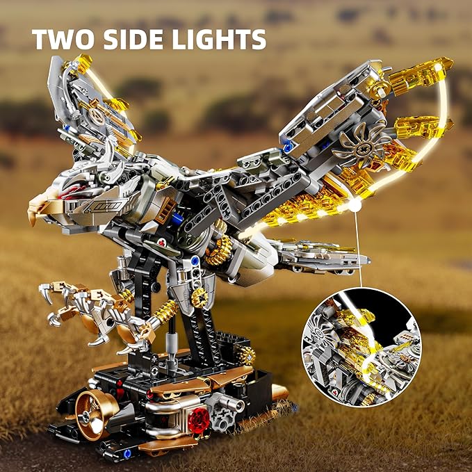 1168-PCS Mechanical Eagle Building Block Set with LED Light Movable Linkage Gears Display Stand - Animals Building Blocks Toy for Adults Teens Kids Age 12+
